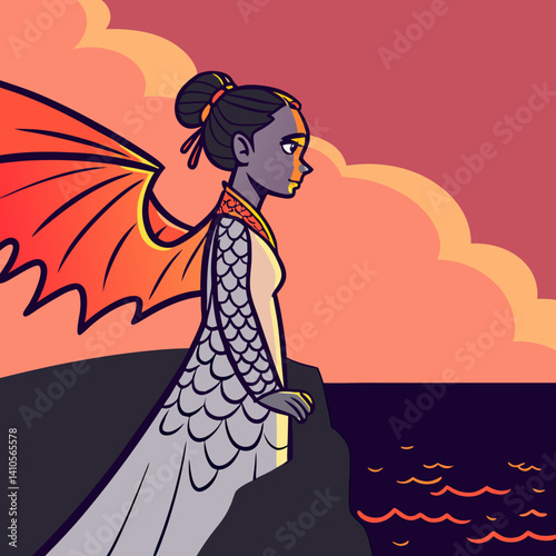 An elegant Dragon Girl with fiery wings stands on a cliff at sunset in this fantasy-style illustration, capturing a moment of power and mystery.