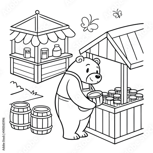 Friendly Bear Holding Honey at a Market Stall with Apples in a Barrel