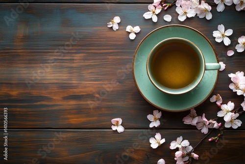 Top view of a green cup of tea on a wooden table with a few cherry blossom petals surrounding it