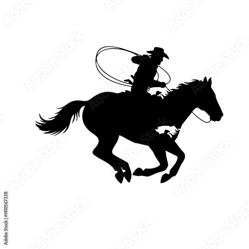 A vector silhouette of a wild west cowboy riding a running horse wipe rope in hand