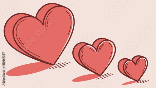 Three dimensional hearts in varying sizes with shadows cast on a light background in a simple design created with generated ai