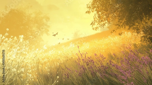 Obraz na płótnie Wild purple flowers and butterfly in a meadow in the rays of sunlight w salonie