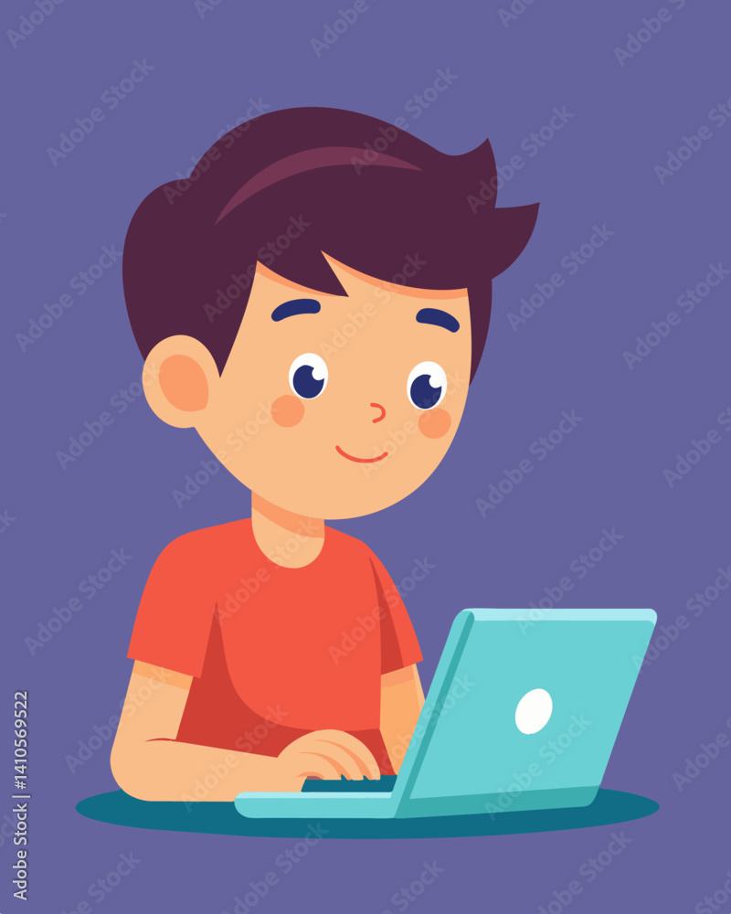 A boy intently typing away on a laptop learning the basics of computer programming.. Vector illustration A boy intently typing away on a laptop learning the basics of computer programming.. Vector illustration
