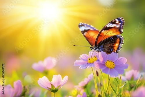 Wild purple flowers and butterfly in a meadow in the rays of sunlight
