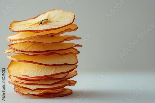 Side view of an accurate stack of dried thin apples slices, copyspace on the right