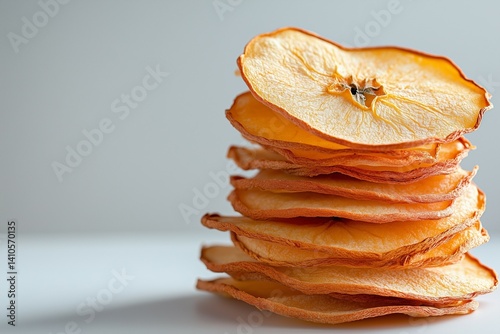 A side view of an accurate stack of dried thin apples slices, copyspace on the left