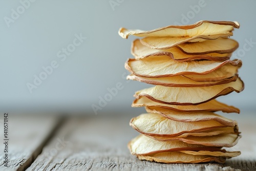 A side view of an accurate stack of dried thin apples slices, wood, copyspace on the left