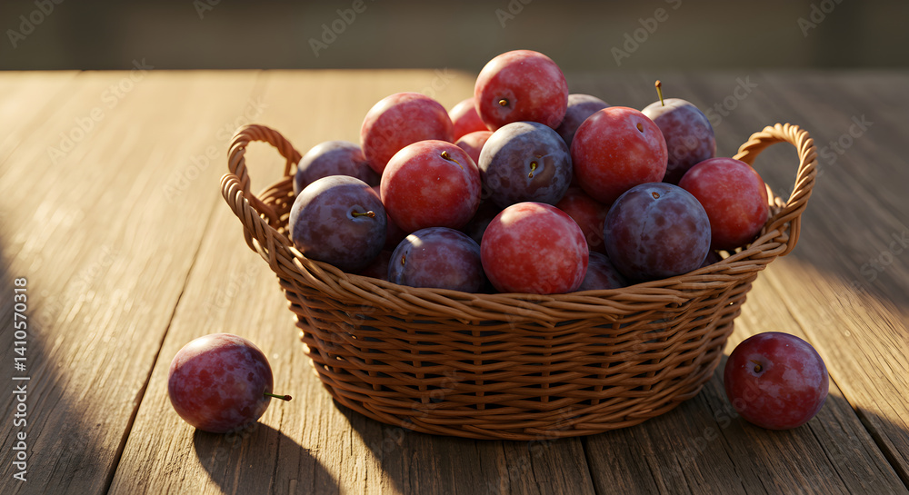 Basket Filled With Fresh Plums on Rustic Wooden Table Basket Filled With Fresh Plums on Rustic Wooden Table