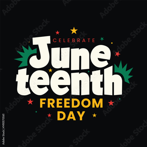 Juneteenth typography design for African American black people Freedom Day celebration poster, banner, flyer, template. Fun lettering red, green, yellow color elements on black background