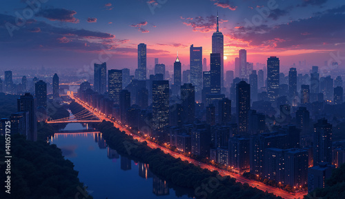 Stunning city skyline at sunset urban beauty and tranquility