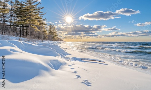 Winter Beach Sunrise, Snow Covered Shore, Calm Waves