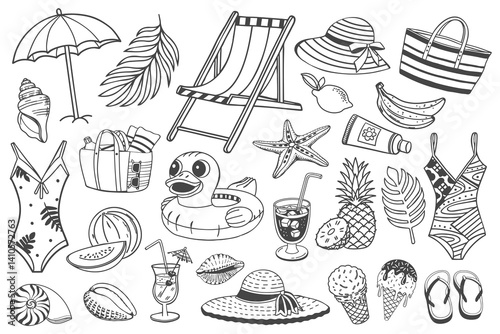 Summer beach vacation collection with swimsuits, sun hats, beach bag, shells and tropical elements. Icons for cards, stickers, summer sale banner.