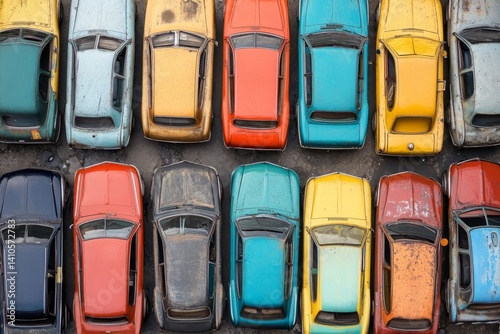 several cars of different colors, top view