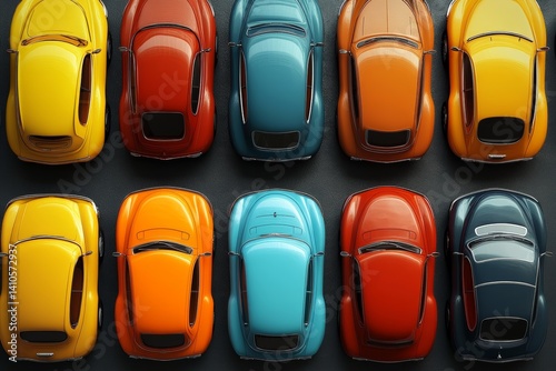 several cars of different colors, top view