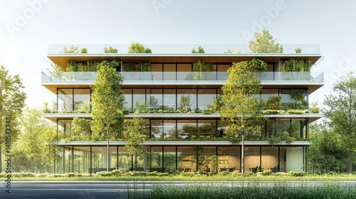 Modern sustainable building with green façade and abundant vegetation integration