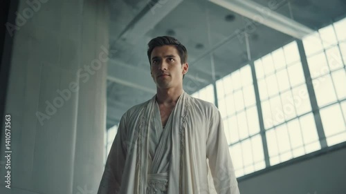 Wallpaper Mural Man in light robes stands confidently with large bright windows in modern, architectural space Torontodigital.ca