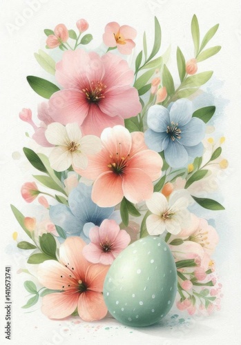 Watercolor Easter illustration. Bouquet of pink, white, blue flowers with green leaves, single speckled egg. Festive springtime design for greeting cards