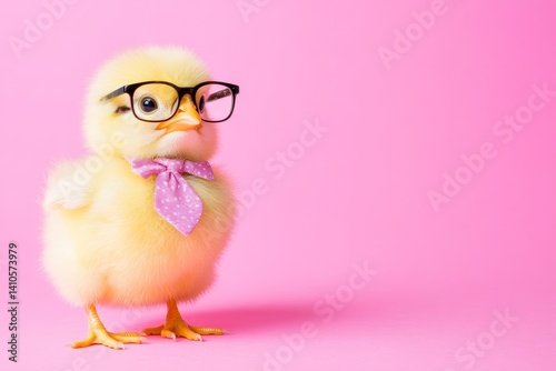 yellow chick in glasses and tie holding briefcase on pink background