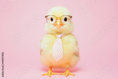 yellow chick in glasses and tie holding briefcase on pink background