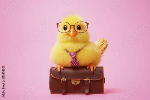 Obraz na płótnie yellow chick in glasses and tie holding briefcase on pink background w salonie