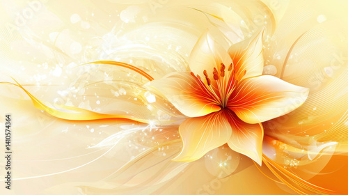 A vibrant orange and cream lily flower blossoms gracefully amidst swirling abstract lines and sparkling light effects creating a dreamy and elegant floral design.