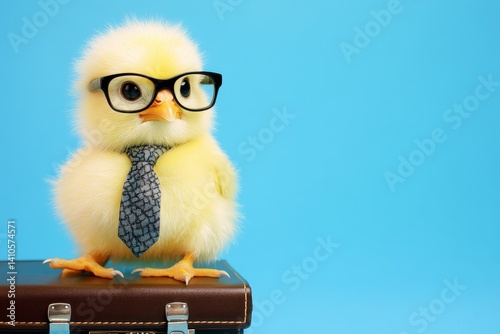yellow chick in glasses and tie holding briefcase on blue background