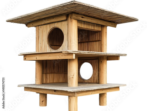 Wooden bird watching blind with viewing slots, nature observation structure, wildlife appreciation furniture, white background
