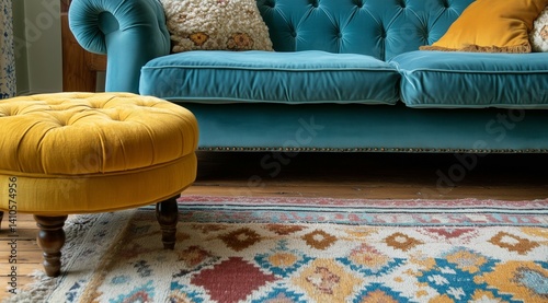Closeup of an aqua blue sofa, wooden flooring, a yellow footstool with geometric patterns rug in a bright living room