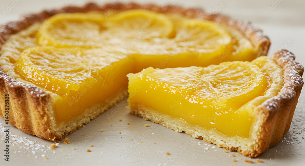Alluring Lemon Tart with a Slice Cut, Close-up View of the Filling Alluring Lemon Tart with a Slice Cut, Close-up View of the Filling