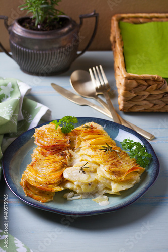 Potato and onion gratin on blue plate. Scalloped potatoes or potato bake