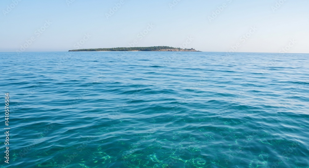 Obraz premium 穏やかな青い海 遠く小さく島影 透き通る水面