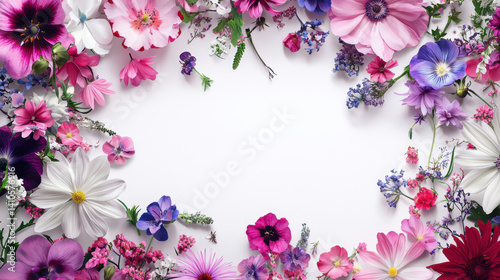 A vibrant array of pink, purple, and white flowers creates a beautiful floral frame on a clean white background perfect for design projects and sp celebrations.