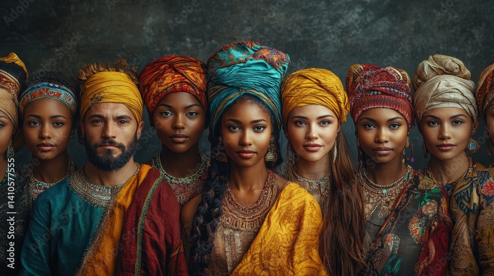Fototapeta premium Diverse group in vibrant traditional attire celebrating cultural heritage