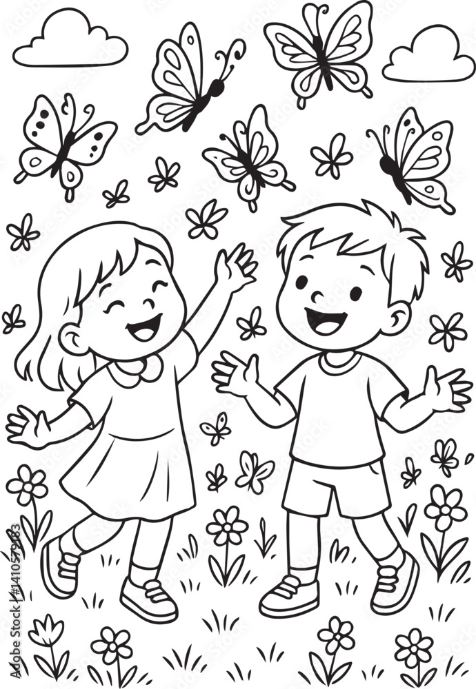 Fototapeta premium happy kids playing with butterflies in a flower field on a spring day coloring page for children