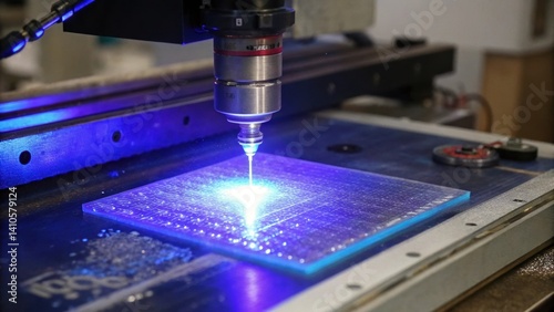 A closeup image of a nanocoating being cured under UV light showcasing the glowing effect of light on the surface and indicating the curing process.