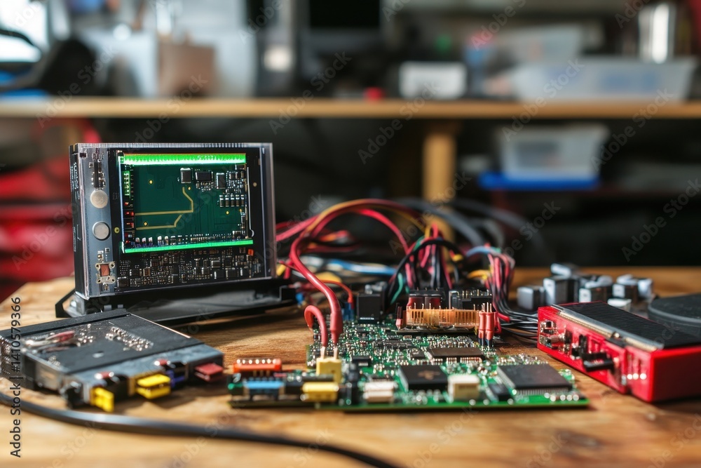 Electronic components and tools arranged on a workbench in a tech workshop