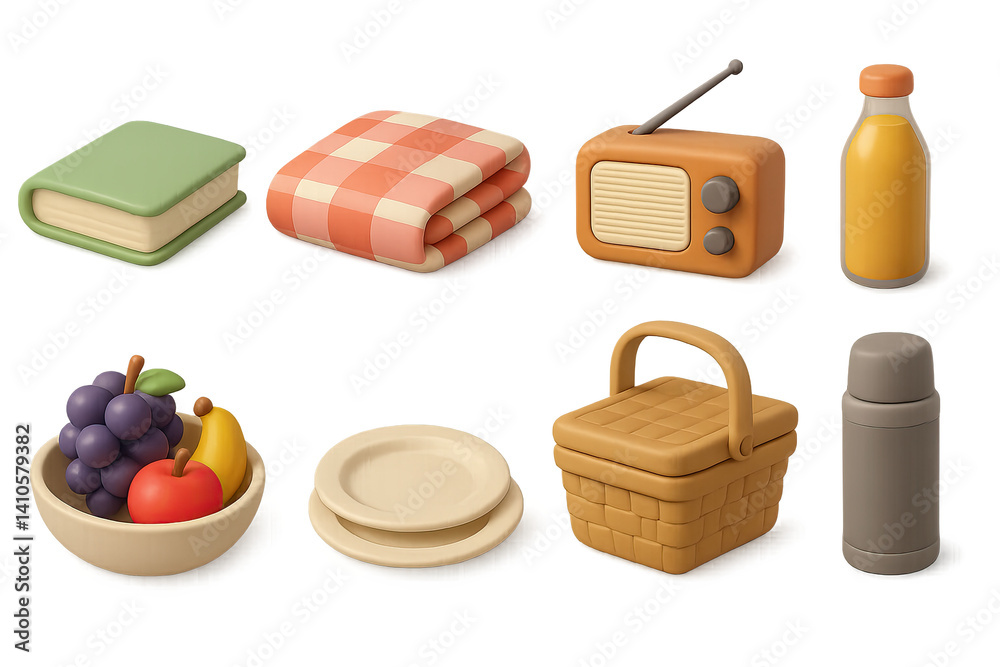 3D icon set of picnic in nature: book, blanket, radio, juice bottle, fruit bowl, paper plates, picnic basket, thermos. 3d icon. icons set of 3d style in a modern design. Isolated