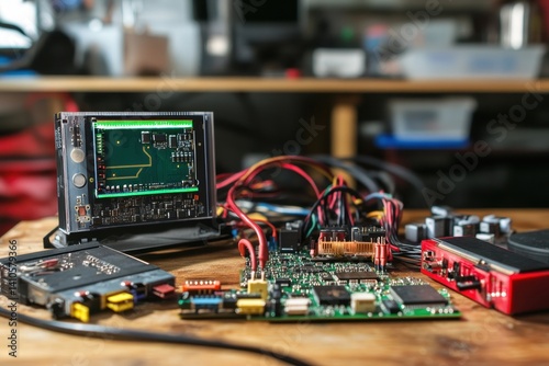 Obraz na płótnie Electronic components and tools arranged on a workbench in a tech workshop w salonie