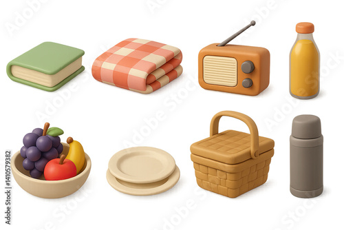Obraz na płótnie 3D icon set of picnic in nature: book, blanket, radio, juice bottle, fruit bowl, paper plates, picnic basket, thermos. 3d icon. icons set of 3d style in a modern design. Isolated w salonie