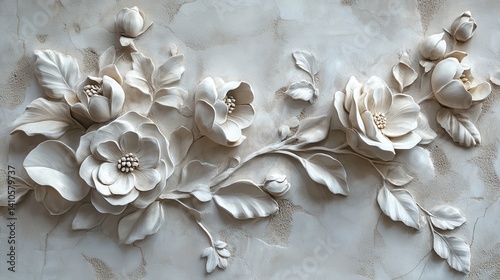 Elegant bas-relief floral sculpture with white flowers and leaves on textured background