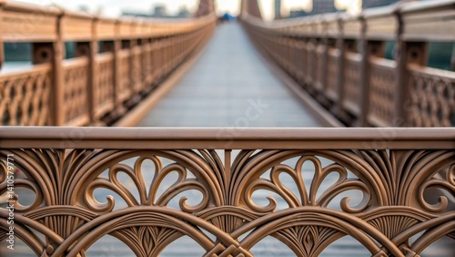 A closeup of a customized railing on the bridge featuring organic flowing designs that contrast with the rigid lines of traditional bridge railings demonstrating innovative design