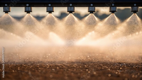 A closeup of a highefficiency misting system with multiple nozzles droplets sparkling in the sunlight as they are dispersed over a large expanse of dusty terrain.