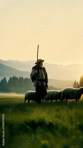  Shepherd Guides Flock at Dawn Through Golden Meadow and Peaks
