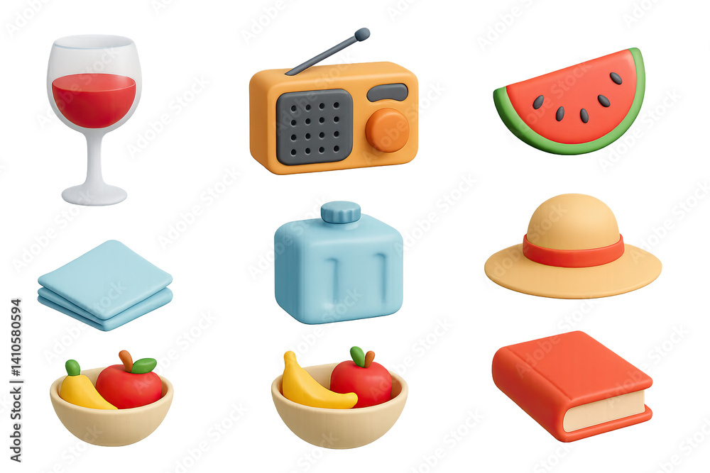 3D icon set of picnic essentials: snack box, cheese plate, wine glass, paper plates, book, cutlery set, thermos, picnic basket. 3d icon. icons set of 3d style in a modern design. Isolated