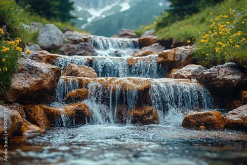 Flowing waterfall cascade in mountain valley nature photography scenic landscape