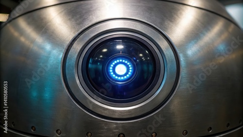 A closeup of a robotic eye equipped with advanced imaging technology focusing on a metal surface while glowing with artificial light.