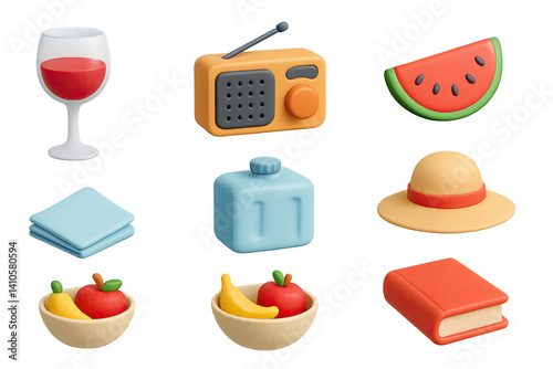 Obraz na płótnie 3D icon set of picnic essentials: snack box, cheese plate, wine glass, paper plates, book, cutlery set, thermos, picnic basket. 3d icon. icons set of 3d style in a modern design. Isolated w salonie