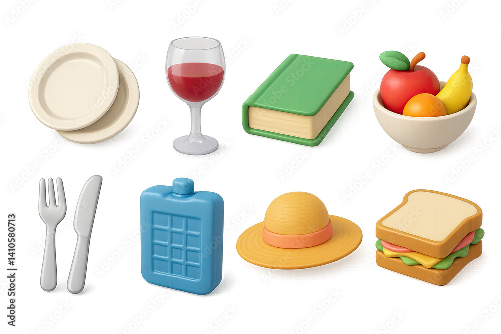 3D icon set of easter picnic: easter chick, wreath, easter card, cookie, gift box, church, easter basket, candle. 3d icon. icons set of 3d style in a modern design. Isolated