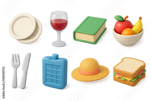 Obraz na płótnie 3D icon set of easter picnic: easter chick, wreath, easter card, cookie, gift box, church, easter basket, candle. 3d icon. icons set of 3d style in a modern design. Isolated w salonie