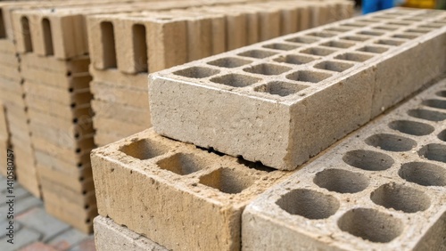 A closeup of a series of ecofriendly concrete bricks being stacked revealing their porous surface created from calcined clay promoting sustainability in building.
